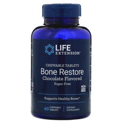 2 Pack Life Extension Bone Restore Chocolate Flavored Sugar Free 60 Chew. Tab ea