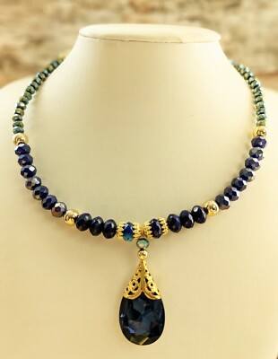 Dark Blue Sapphire Swarovski Crystal & Metallic Blue AB Glass Necklace 