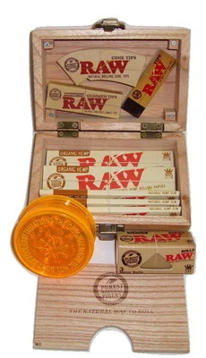 RAW Wooden Rolling Storage Box Gift Set Organic Hemp Smoking Paper Tips Grinder