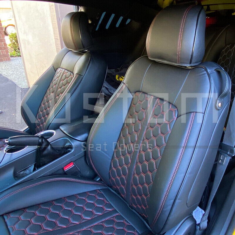 Kustom Black w/ Honeycomb Seat Covers Red Stitch Leather For