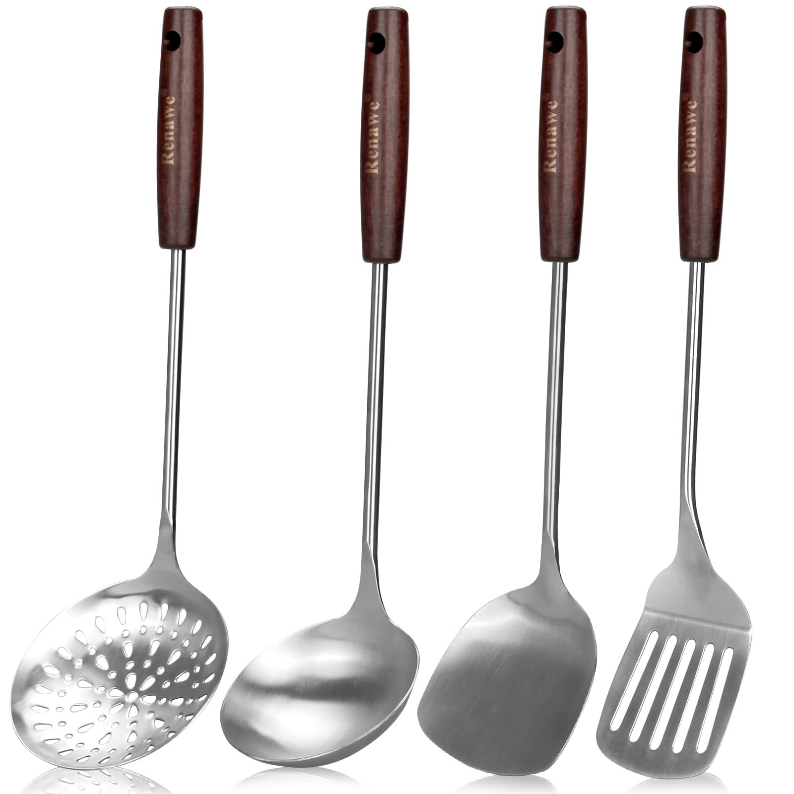 15 inch Large Spatula Slotted Turner Soup Ladle 304 Stainless Steel Wok Spatu...