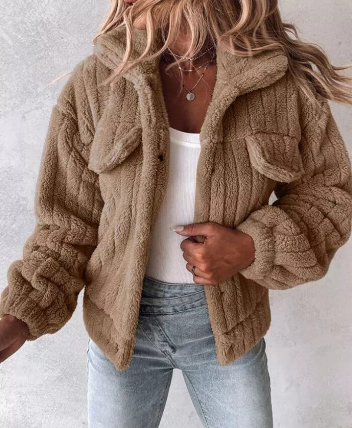 Cappotto Donna Giacca Corto Teddy Beige Pile Morbido Slim 87333