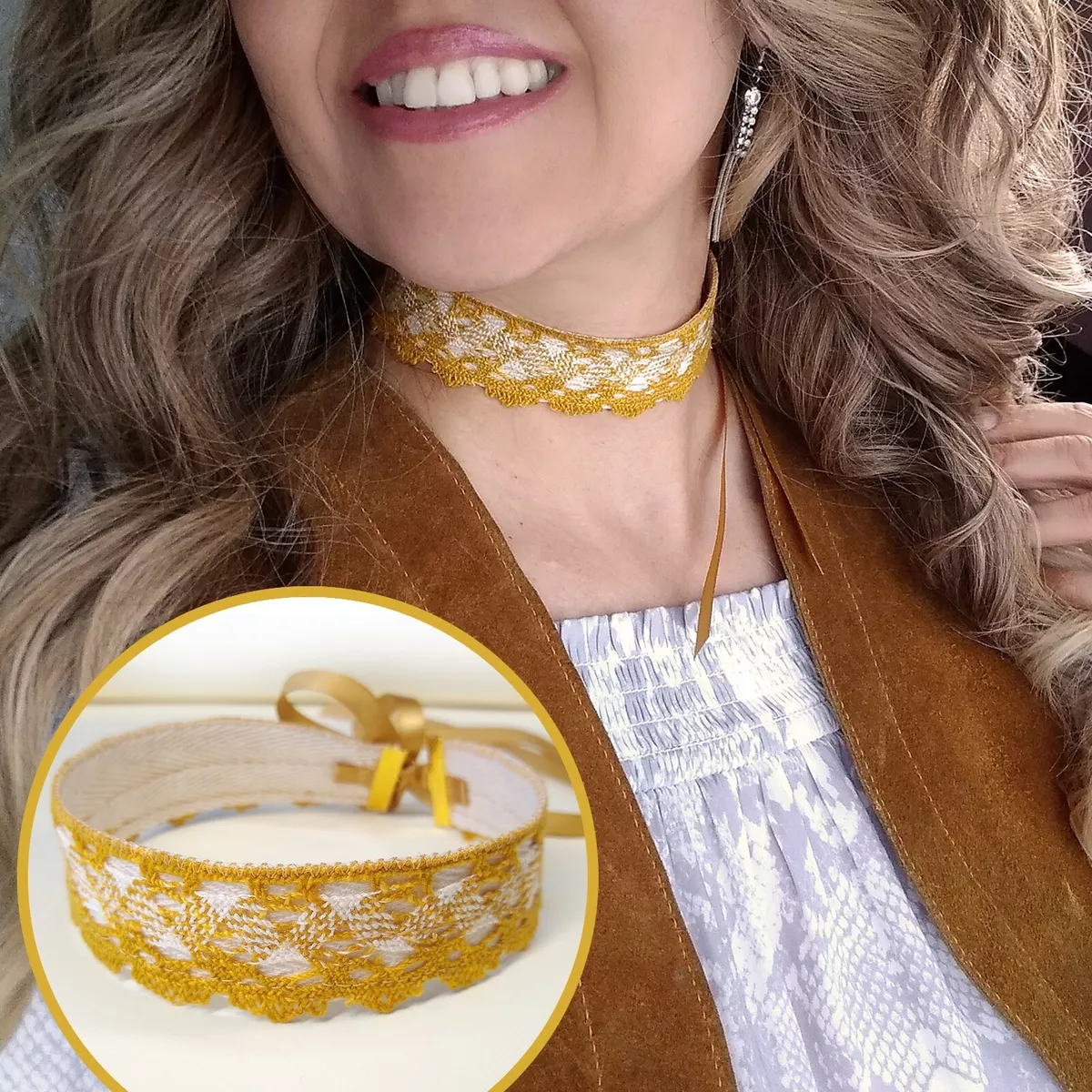 New Handmade CHOKER NECKLACE -Yellow Vintage 70s Cotton Lace - Boho Ribbon  Bow