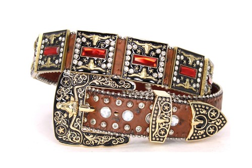 West Star Texas Western Belt Red Rhinestones Longhorn Horse Cowboy Pant 30 34 38 - Picture 6 of 35