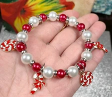 Candy Peppermint Bracelet Charm Red Glass Beaded Stretch Bracelet