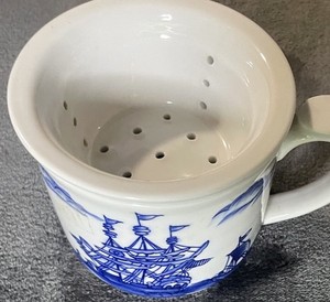 Blue and White Ceramic Shaving Mug Ship Design with Inner Drain Holes