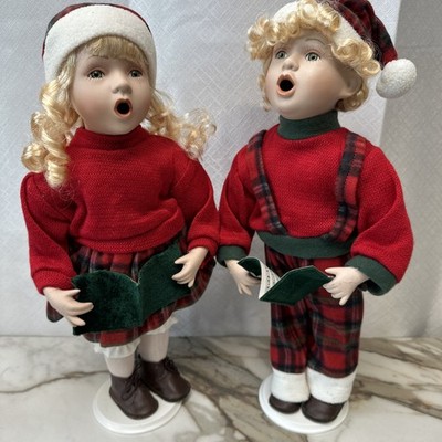 VINTAGE CRACKER BARREL ORIGINAL LOGO BISQUE BOY & GIRL DOLL CHRISTMAS CAROLERS