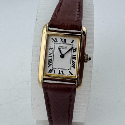 VTG Seiko Quartz Watch 1400-8069 Women Gold Tone Rectangle Leather