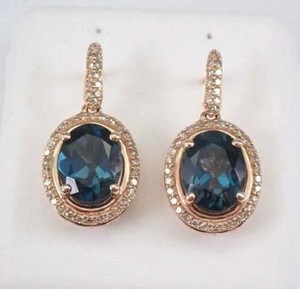 Authentic 4Ct Oval Simulated London Blue Topaz Drop-Dangle Earrings 14K Rose Gold Plated