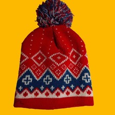 Vintage Winter Beanie Hat Wigwam Red  Blue Acrylic Knit With Pom-Pom MADE USA M