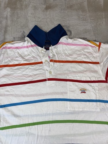 Paul & Shark Yachting Golf Polo Shirt Mens L White Multicolor Stripe Made Italy - Picture 6 of 23