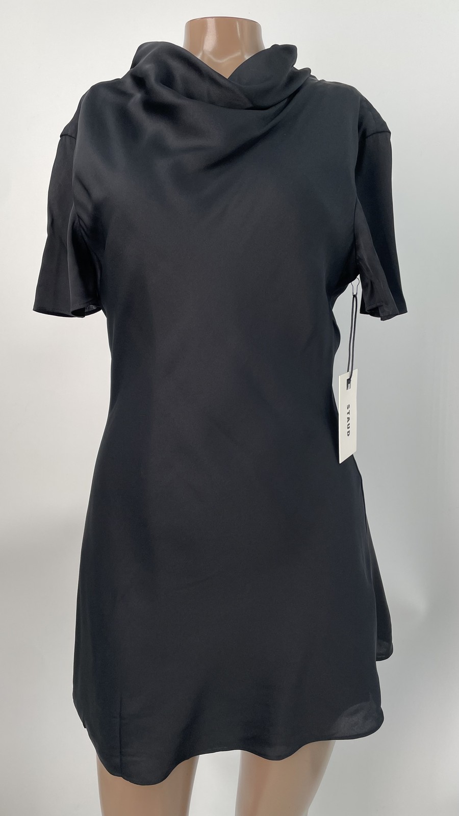 Staud Womens Mini Dress Black Size XS Iris Silk Short Sleeve Cowl Neck Tie