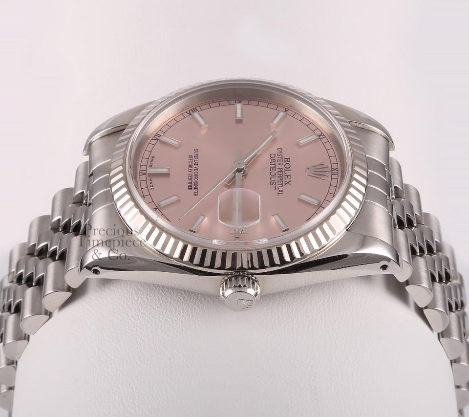 Rolex Datejust 36mm Stainless Steel Jubilee Salmon Pink Dial 18K Fluted ...