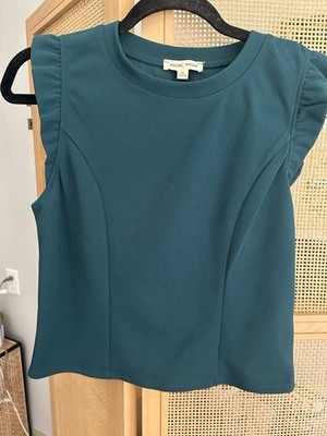 moa moa Women's Blue Solid Round Neck Sleeveless Ruffle Pullover Blouse XL