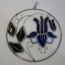 8" Stained Glass Sun Catcher Cobalt Blue IRIS Flower Window Hanging