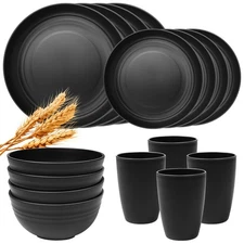 Large Kitchen Wheat Straw Dinnerware 16PCS Set Unbreakable Plates and Bowls I...