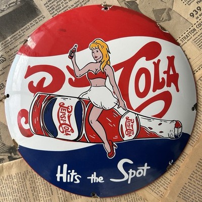VINTAGE PEPSI-COLA SODA BEVERAGE DRINK 12 INCH CONVEX PORCELAIN ENAMEL SIGN