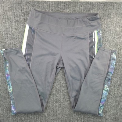 Athleta Be Free Running Leggings Gray Iridescent Stripe Back Zip Pocket Medium
