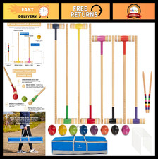 8 Player Croquet Set - 32" Regulation Mallets, Colored Balls, Wickets Stakes -