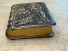 Antique Italian Rosary Bead Box In Embossed Brass Silverplated Mini Bible Book  — photo 3