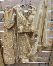 Gold Sequin Embroidered Lehenga Choli Dupatta Set Bridal Party Wear Bollywood