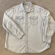 Levis Red Tab Chambray Western Denim Pearl Snap Shirt Men XL Standard Light Wash