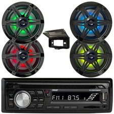 Pyle Single DIN Marine Bluetooth MP3 Receiver, 4x 6.5" 120W Speakers W/Grilles