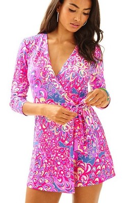 Lilly Pulitzer Karlie Wrap Romper Mini Dress Pop Up Got Your Back-LARGE-EUC!