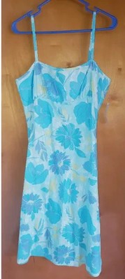 READ! Vintage 90s Linen Blend Blue Hawaiian Floral Strapless Midi Dress, NWT