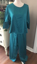 Vintage Donna Richards for Gilligan O'Maley Green Satin Pajama Set Large USA