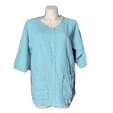 Match Point Top MED Blue Green Check Linen Bl Fringe Comfy Pocket Tunic USA