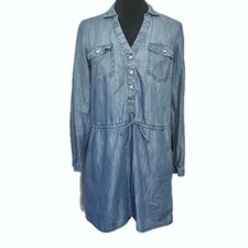 PRINCESS VERA WANG Denim Shirt Dress Button Front Cinch Waist Roll Tab Sz S