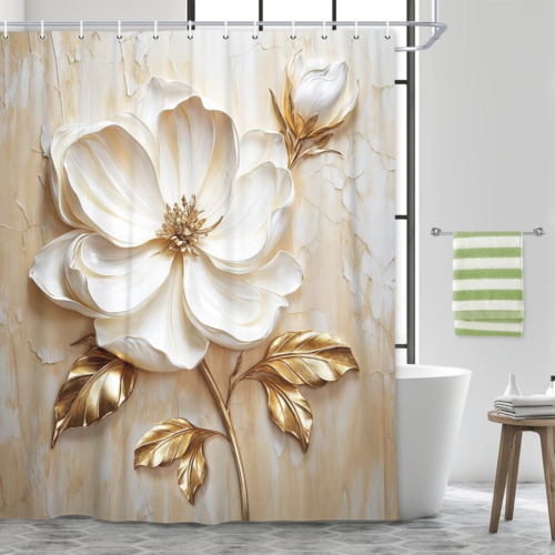 Elegant Floral Shower Curtain Set with Gold Accents, 72x72 inches