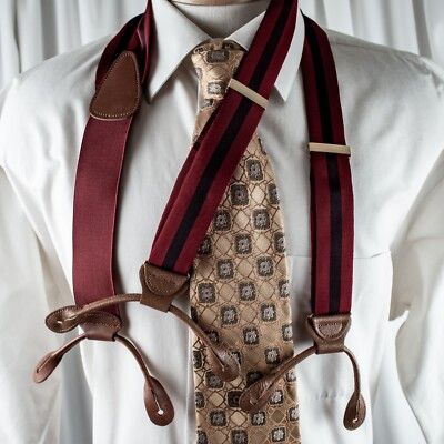 #ad TRAFALGAR New Burgundy Navy Blue Striped Leather Fabric Button Loops Suspenders $100.00