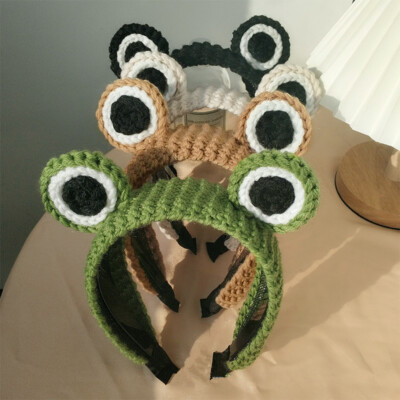 Women Knitted Big Eyes Frog Headband Wash Makeup HairBand Cute Cartoon Headdress