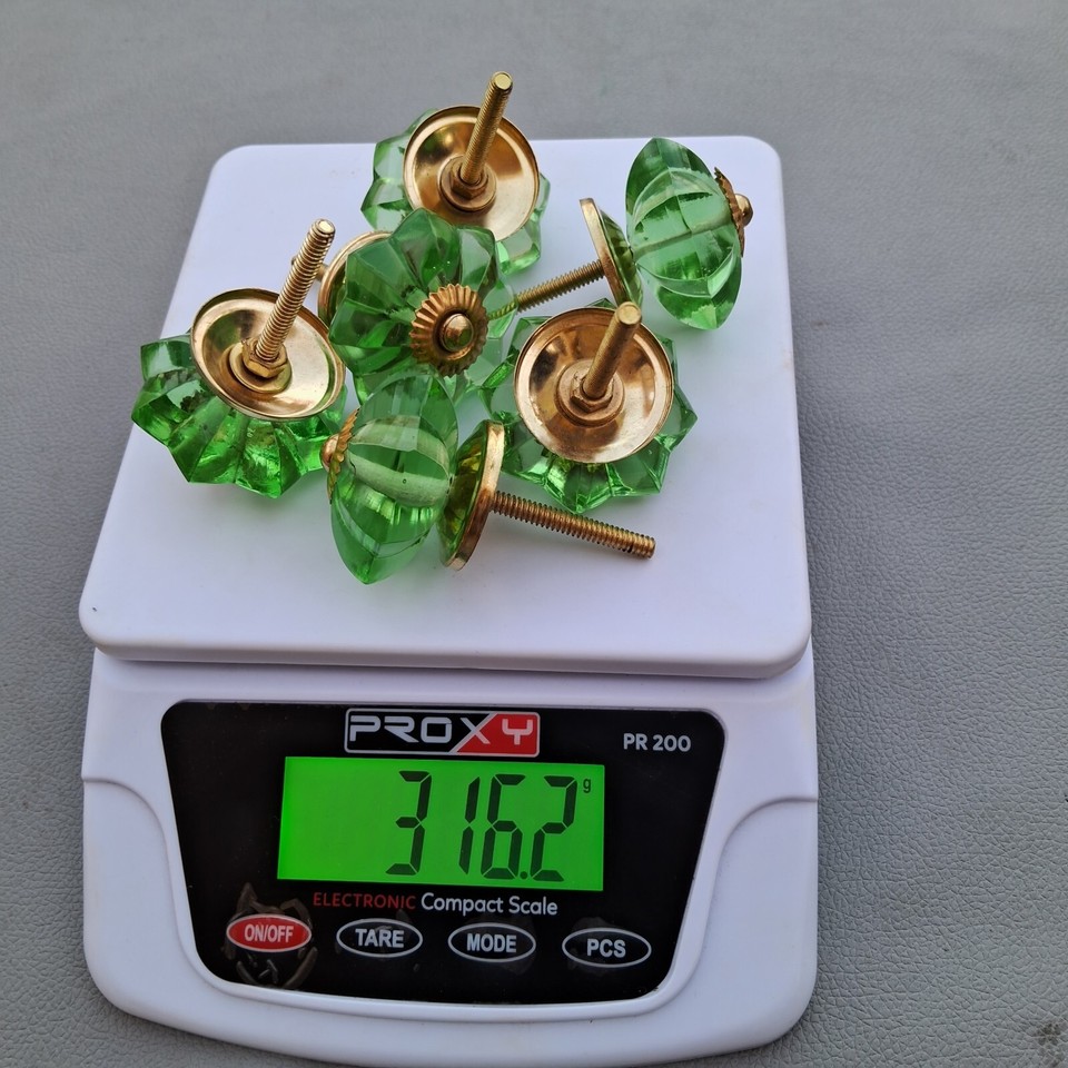 Vintage Brass floral Lime Green cut glass drawer knob handle pull