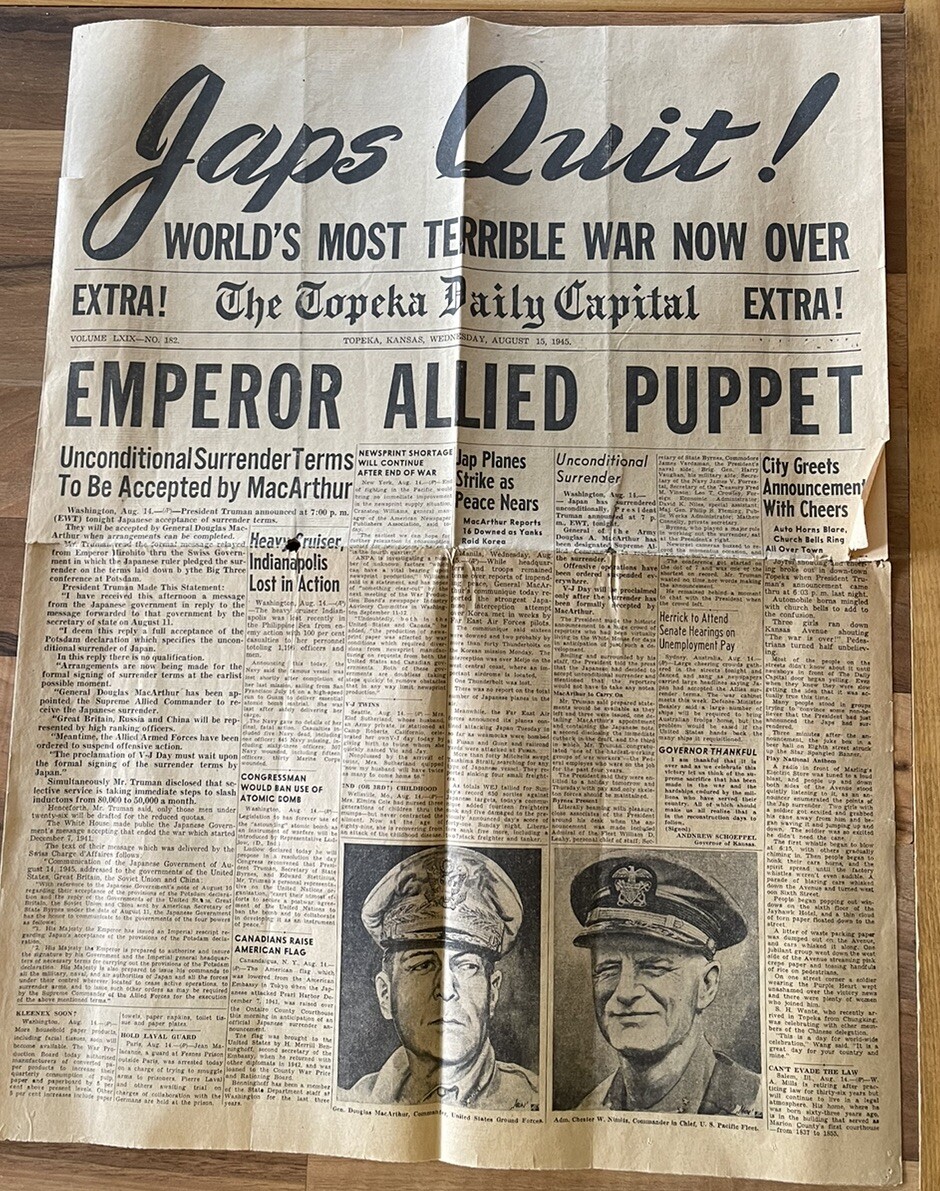 JAPS QUIT! Topeka Kansas Wednesday August 15, 1945 Newspaper eBay