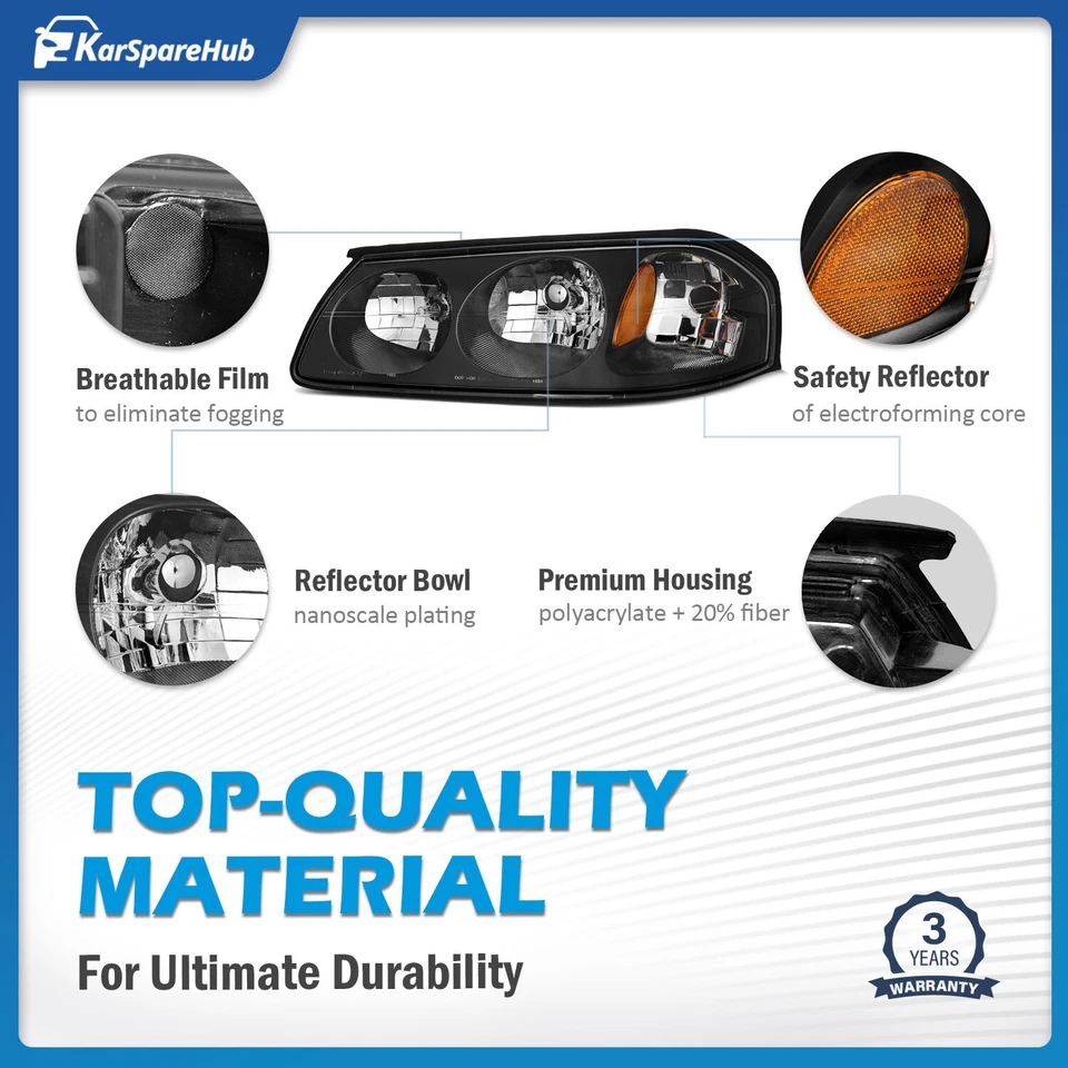 Headlights Assembly for 2000-2005 Chevy Impala w/ Bulbs Pair Left+Right Headlamp Foto 3 de 4