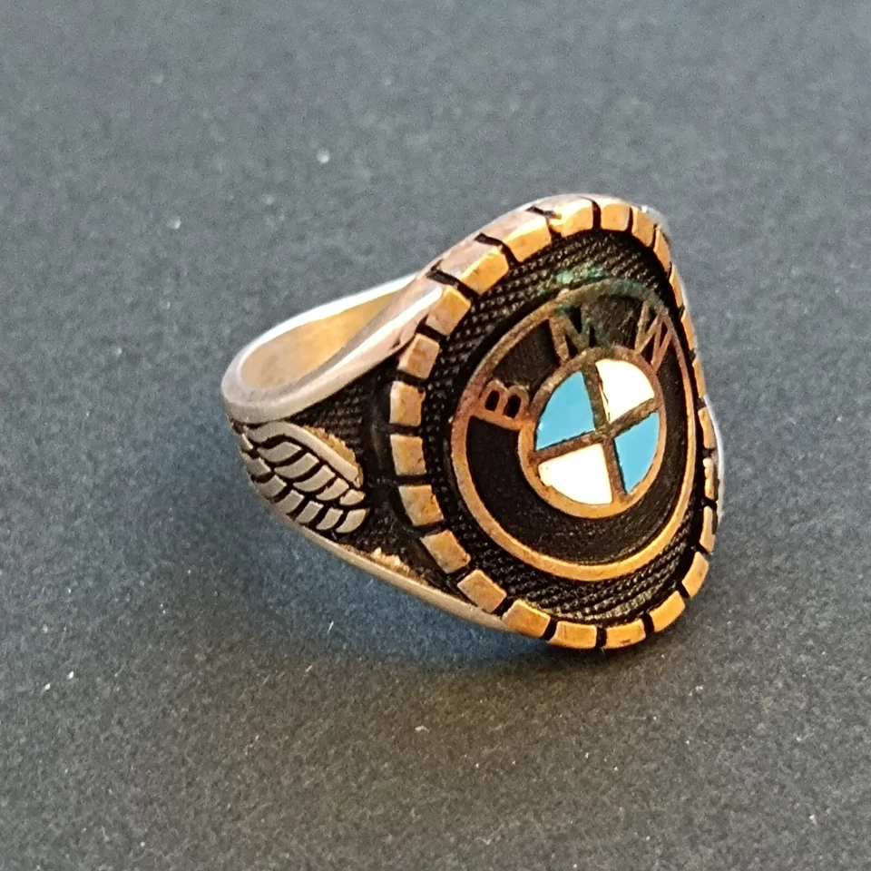 Anel masculino de prata emblema azul sinete redondo ousado 10,25 vintage piloto 925 presente - Imagem 2 de 4