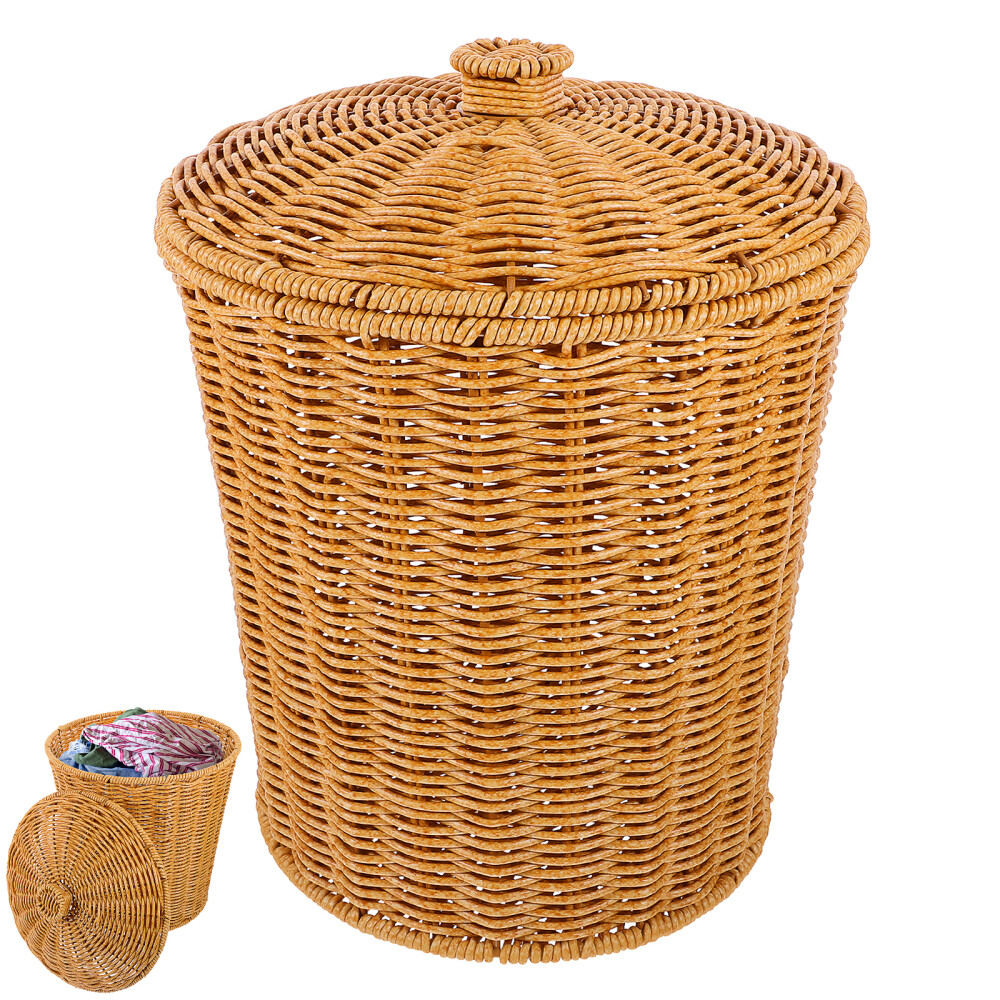 Laundry Hamper Rattan Waste Basket Storage with Lid Food Bins Baskets Office-image