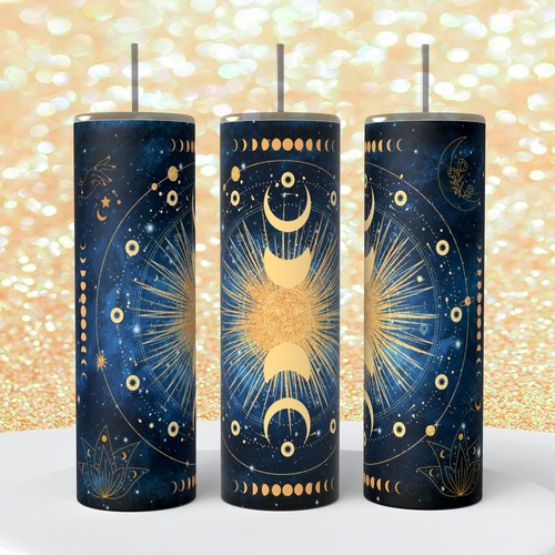 Celestial Moon Phases Navy Gold on a 20 ounce Tumbler insulated coffee cup - 第 1/1 張圖片