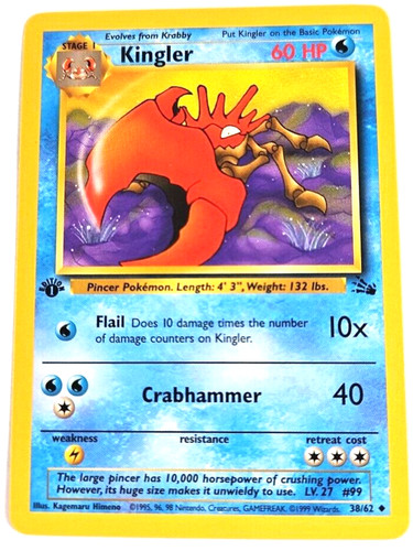 1995 kingler pokemon card value KINGLER #38/62 POKMON CARD 1995