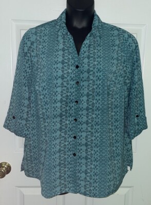 Catherines Plus Sz 0X 14/16W Green Geometric S/S Roll Tab Button Top EUC