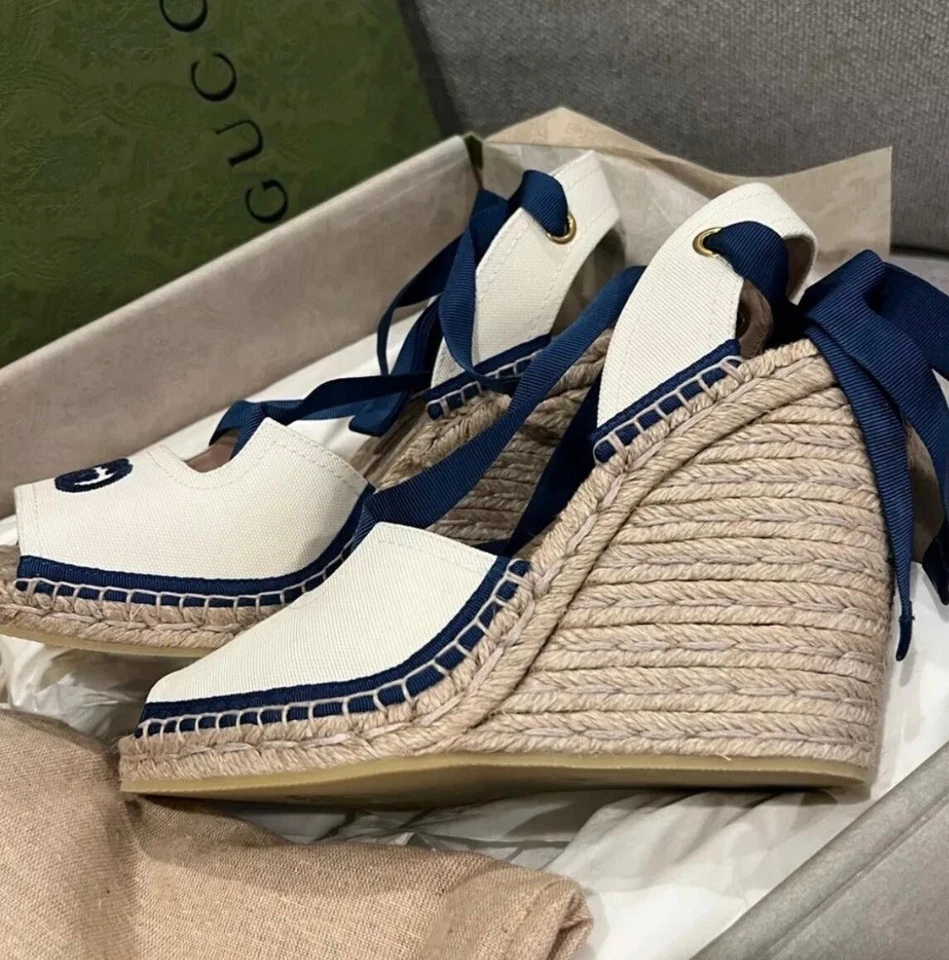 Auténtico NUEVO GUCCI ENTRELAZADO G ALPARGATA CINTA CORBATA 39.5 (US 9.5) Foto 2 de 4