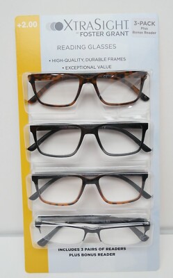 4 Pack Foster Grant XTRA SIGHT Cyril & Pacey Reading Glasses +2.00