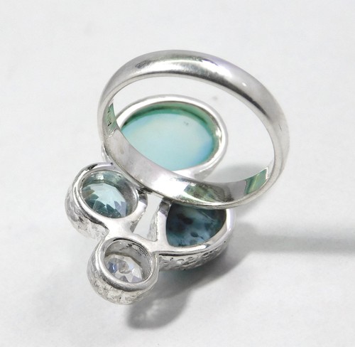 Chunky 925 Silver Ring Larimar Blue Topaz Multi Gemstone Ring Handmade Jewelry - Picture 4 of 4
