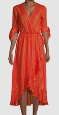 $175 Michael Kors Women's Orange Metallic Stripe V-Neck Faux Wrap Dress Size S