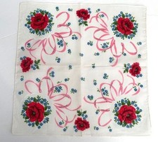 VINTAGE HANKY 1950s SCATTERED FLORALS RIBBONS AND ROSES NOSEGAYS PINK RED BLUE