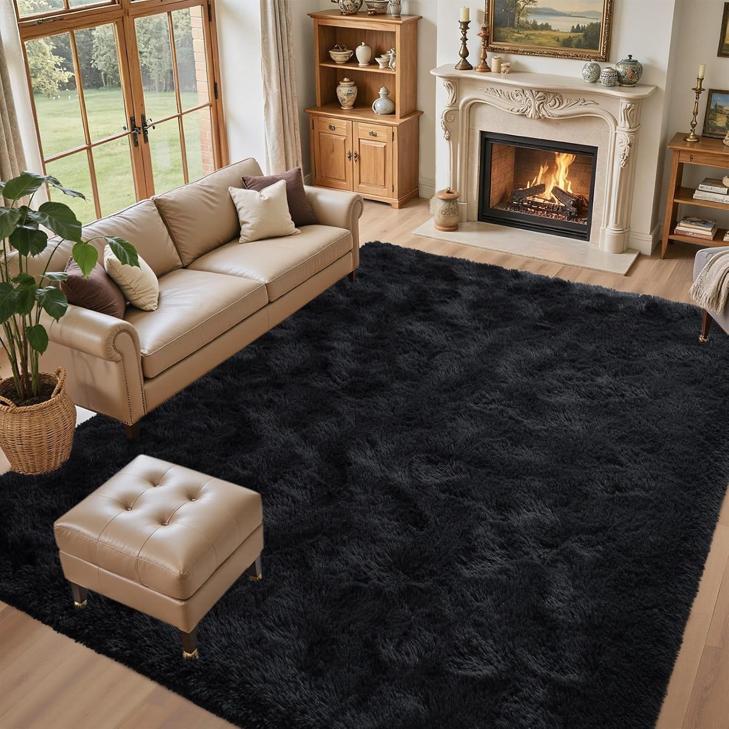 5X7 Black Area Rugs for Living Room, Large Fluffy Shag Bedroom Rugs Non-Slip