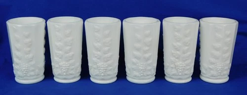 Vintage Westmoreland Set 6 WHITE MILK GLASS TUMBLERS Paneled Grape 4" MINT